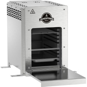 Jamestown Elektro Steakgrill Brad mit Edelstahlgehäuse und Grillrost, offene Tür.