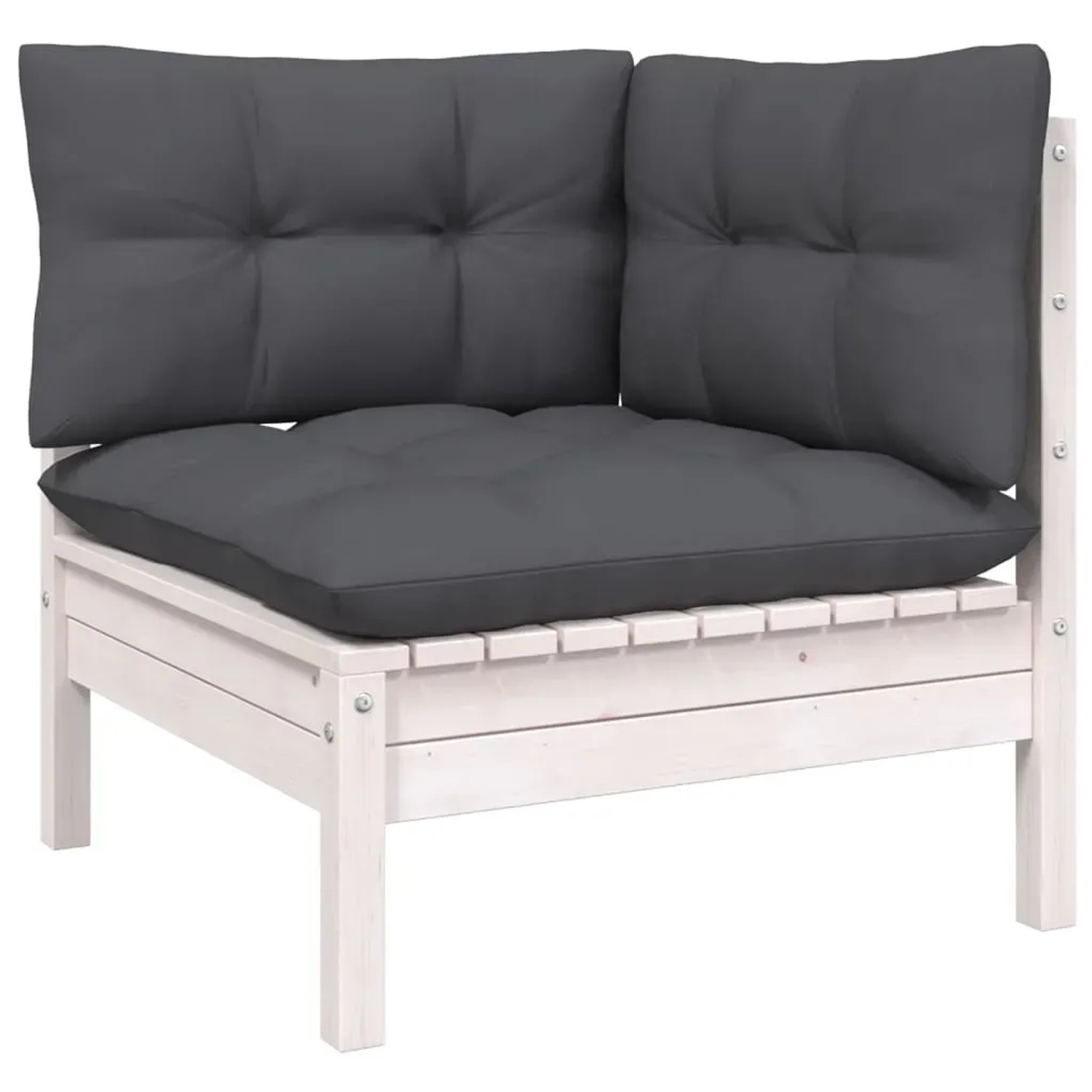 vidaXL Garten-Lounge-Eckteil, weißes Kiefernholz mit anthrazitfarbenen Kissen, Teil eines modularen Gartenmöbel-Sets.