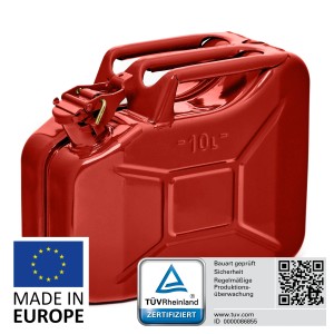 Roter 10L Metall Kraftstoffkanister, TÜV-geprüft, ideal für Benzin & Diesel als Reservekanister.