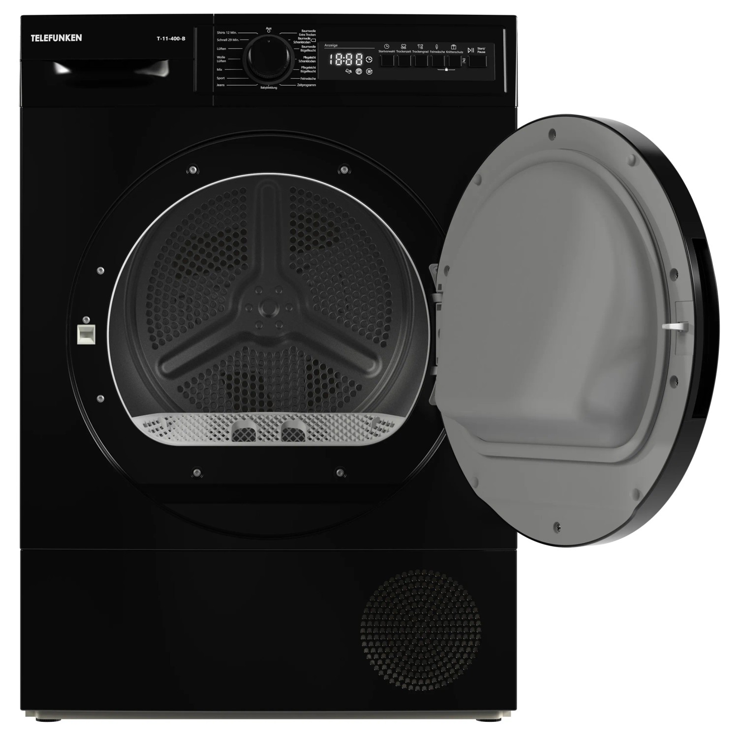 Telefunken Kondenstrockner T-11-400-B, 7kg, schwarz, mit offener Tür.
