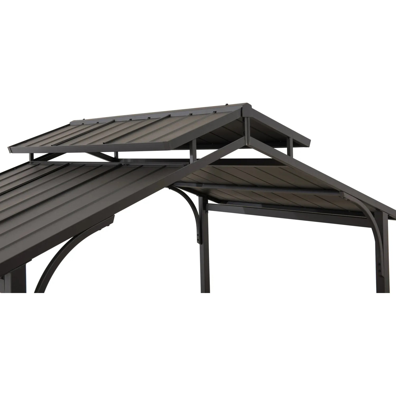 Detailansicht des zweistufigen Dachs vom Sunjoy Grill-Pavillon Aspe Stahl in Schwarz.