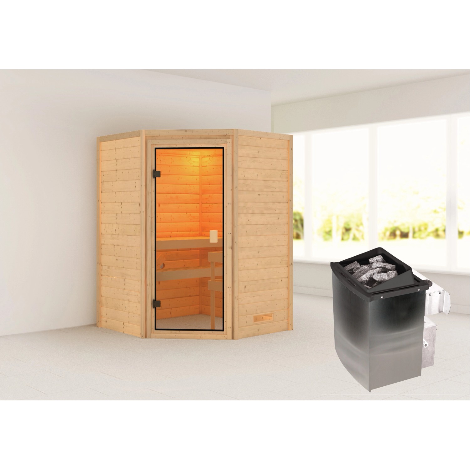 Woodfeeling Sauna Antonia inkl. 9 kW Ofen mit integr. Strg. Glastür