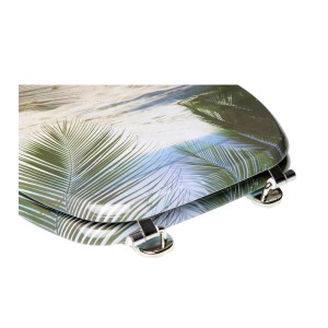 Sanilo WC-Sitz Beach aus Holz mit Palmenmotiv und Chrom-Scharnieren.