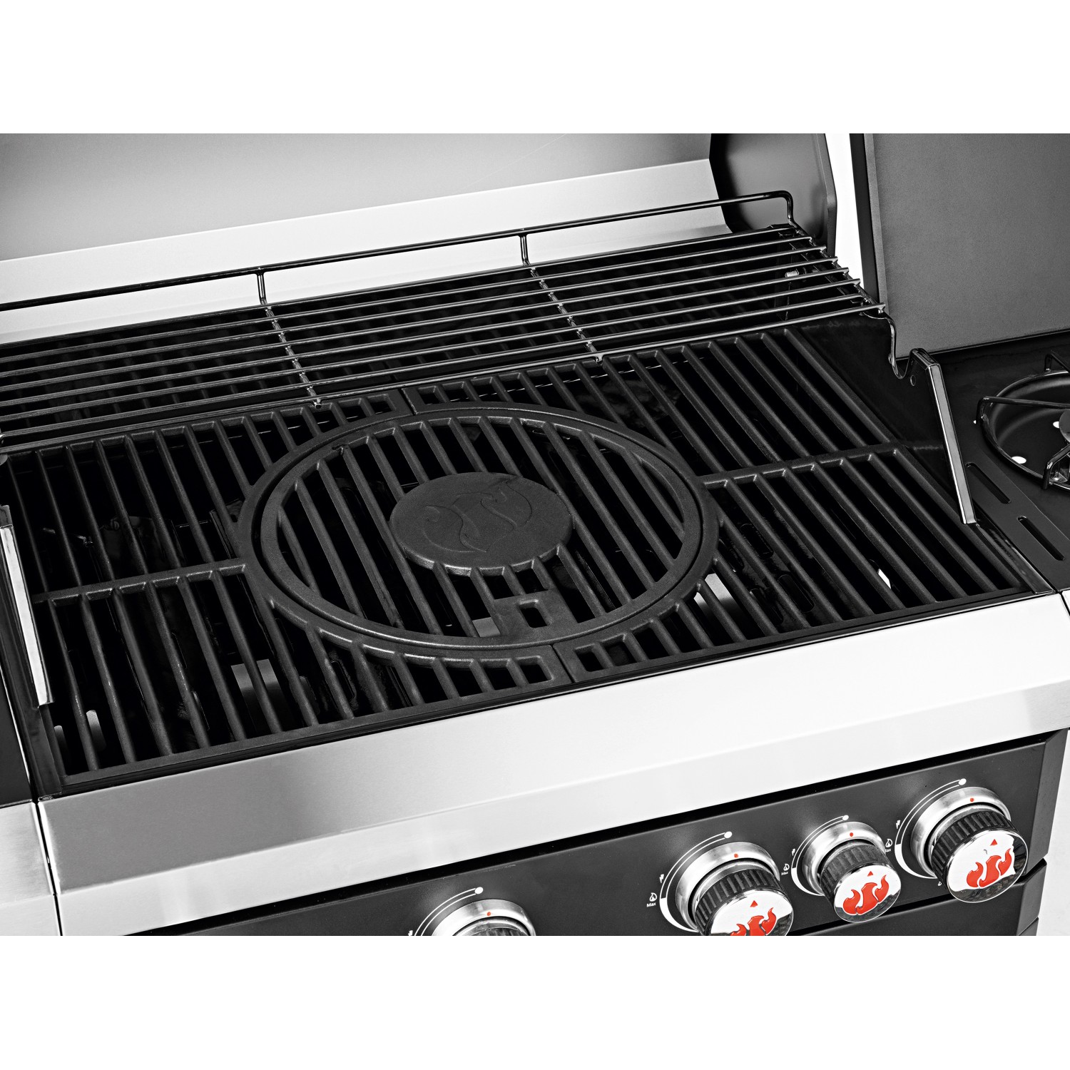 Detailaufnahme des Landmann Gasgrills GG-II-492BKDE, 120 cm, mit Grillrosten und Bedienelementen.