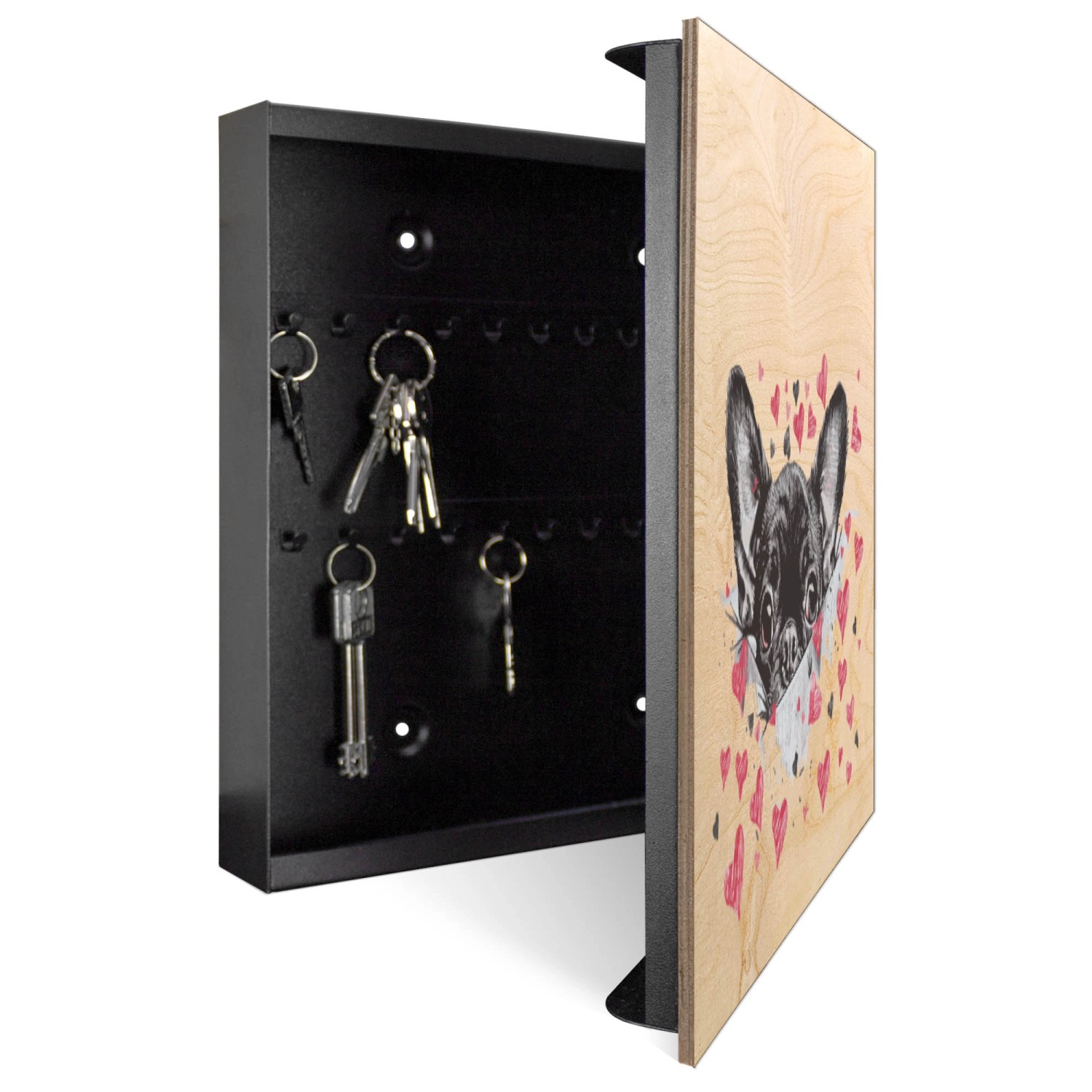 Offener, schwarzer Banjado Schlüsselkasten mit Holzfront und Chihuahua-Motiv, 50 Haken.