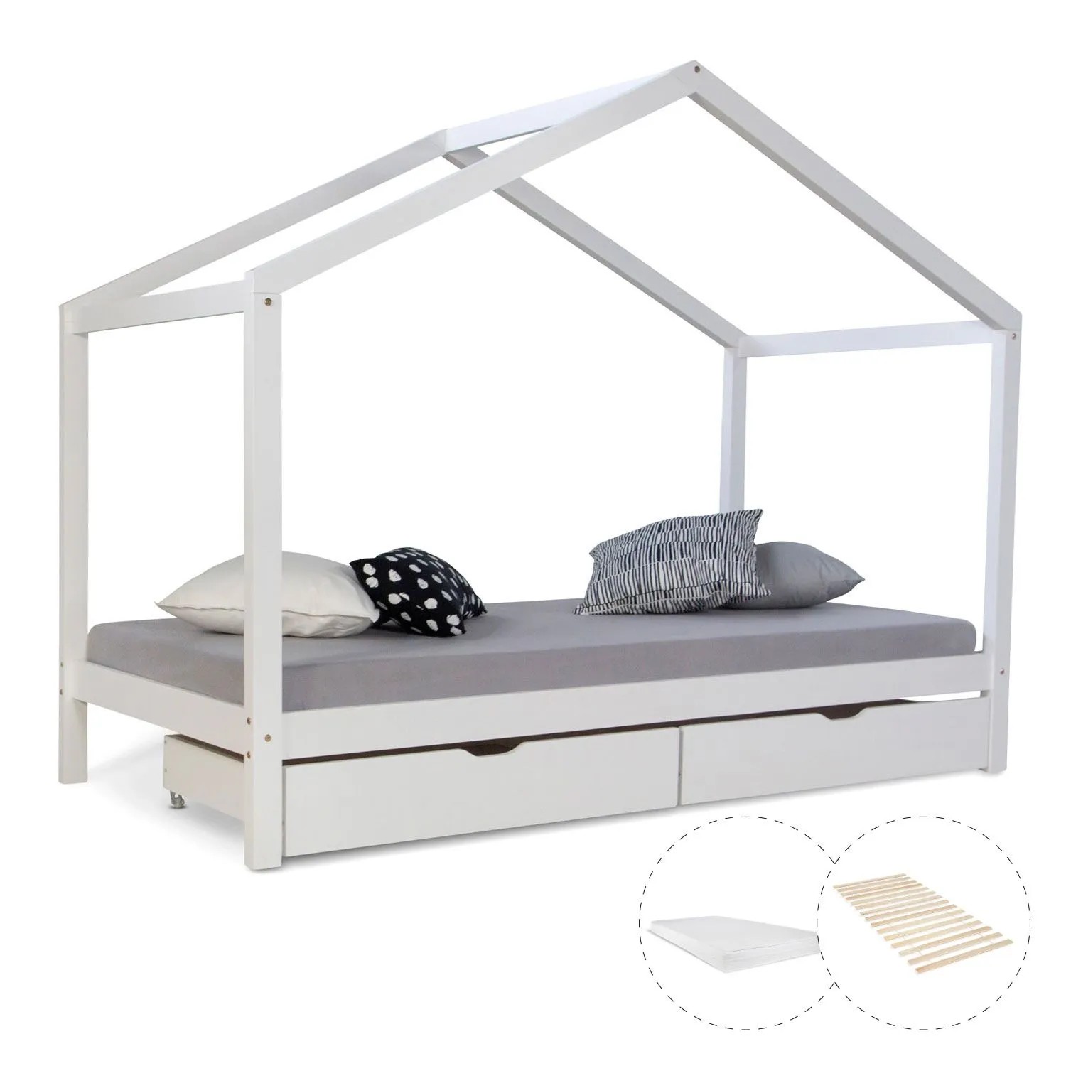 Homestyle4u Hausbett 90 x 200 cm mit Matratze und 2 Bettkästen in Weiß 2075