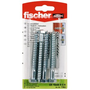Fischer Universaldübel UX 10x60 RSK mit Schrauben, 4 Stück, für alle Baustoffe.