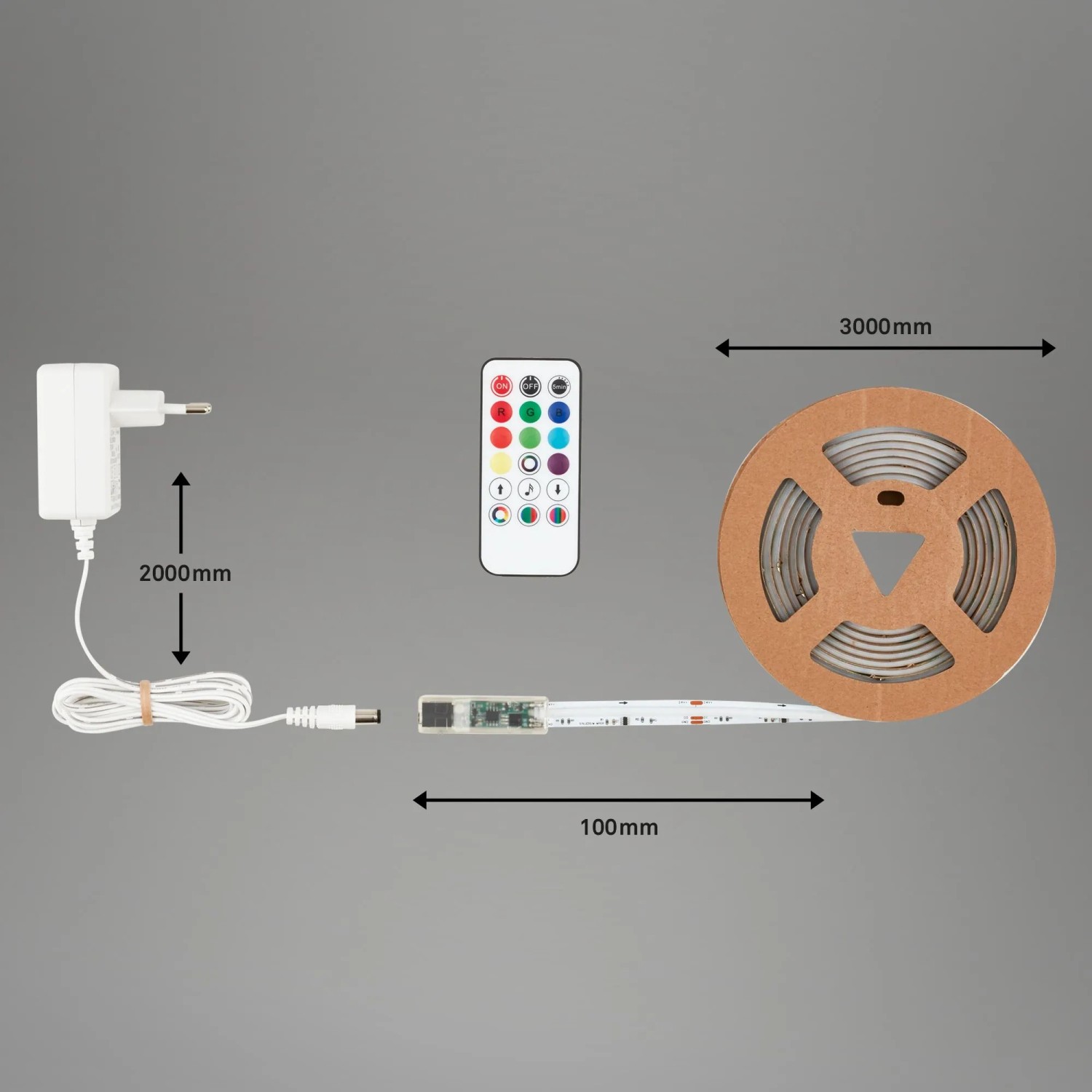 Brilo LED-Strip 3m mit Fernbedienung, COB RGBIC, kürzbar, selbstklebend, auf Rolle mit Netzteil.
