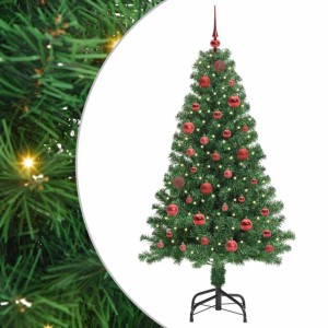 Geschmückter, künstlicher, grüner Weihnachtsbaum mit 150 LEDs und Ständer, Höhe 150 cm.