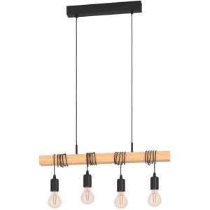 Eglo Townshend Pendelleuchte mit Holzbalken und vier schwarzen Lampenfassungen im Vintage- und Industrial-Design.