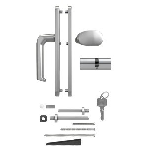 Griff-Set Wechselgarnitur silber 92mm mit Knauf, Drücker, Profilzylinder und Montagematerial.