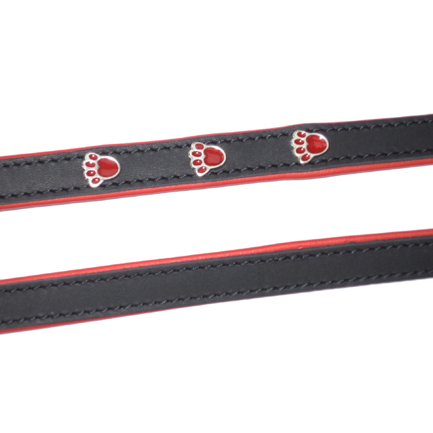 Schwarze Heim Hundeleine mit roten Pfoten Applikationen.