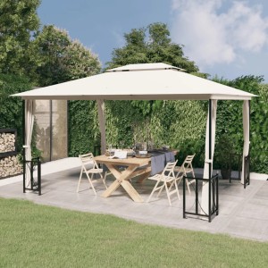 Cremefarbener vidaXL Pavillon 3x4 m mit Seitenwänden und Doppeldach im Garten.
