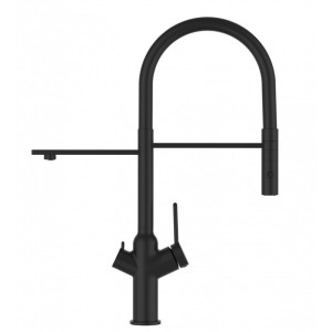 Schwarze VIZIO 3-Wege Küchenarmatur mit schwenkbarem Auslauf und Handbrause.