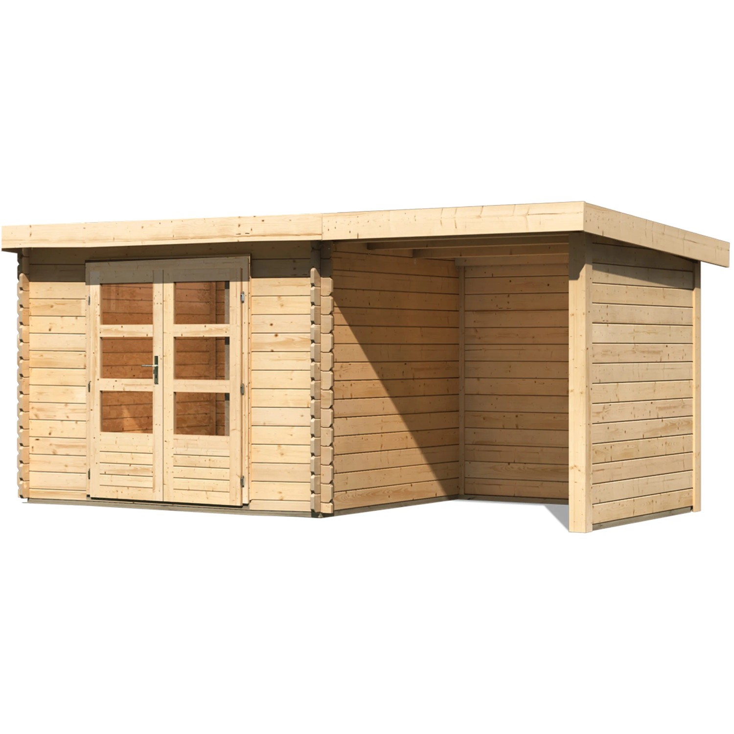 Unbehandeltes Karibu Holz-Gartenhaus Ängelholm mit Pultdach und Anbau.