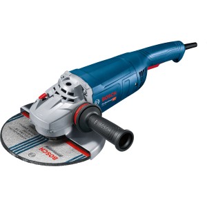 Bosch Professional GWS 22-230 P Winkelschleifer im Karton, blau/silber mit Schleifscheibe und Zusatzhandgriff.