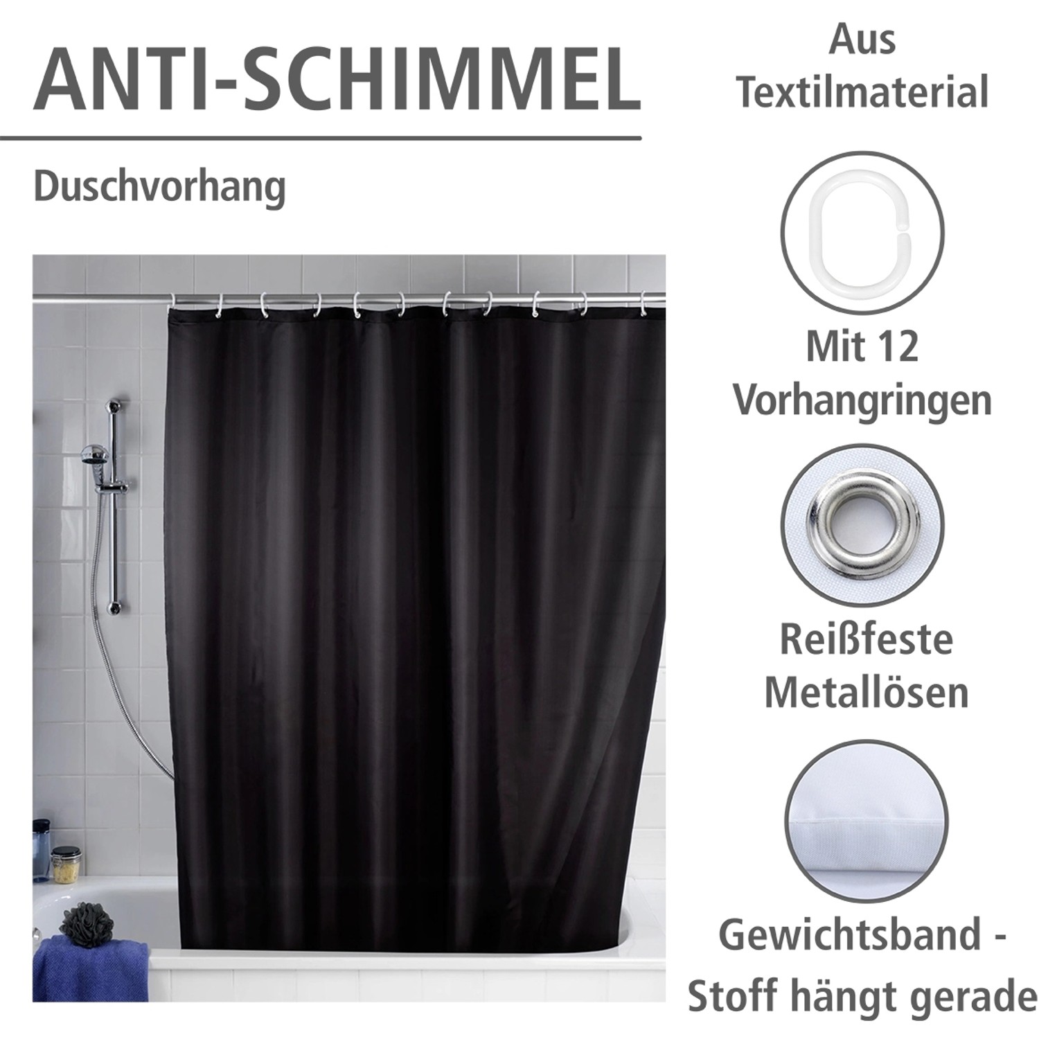 Wenko Anti-Schimmel Duschvorhang Uni Polyester 180 cm x 200 cm Schwarz