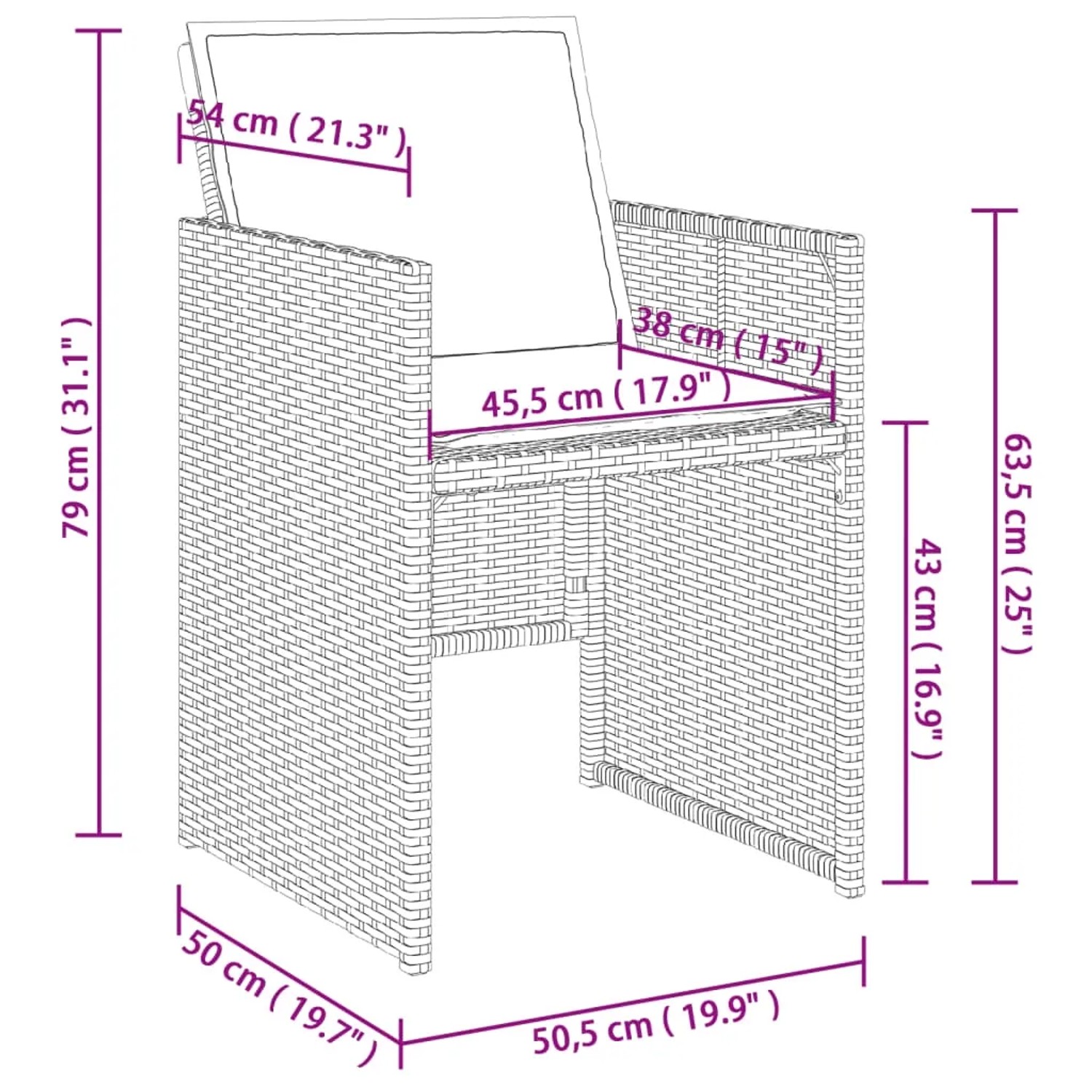 Abbildung eines Gartenstuhls der vidaXL 11-tlg. Essgruppe aus beigemischtem Polyrattan mit Maßangaben.