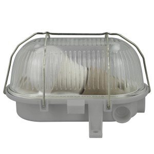 Graue e2 elektro LED-Ovalleuchte mit Drahtkorb, ideal als Kellerleuchte.