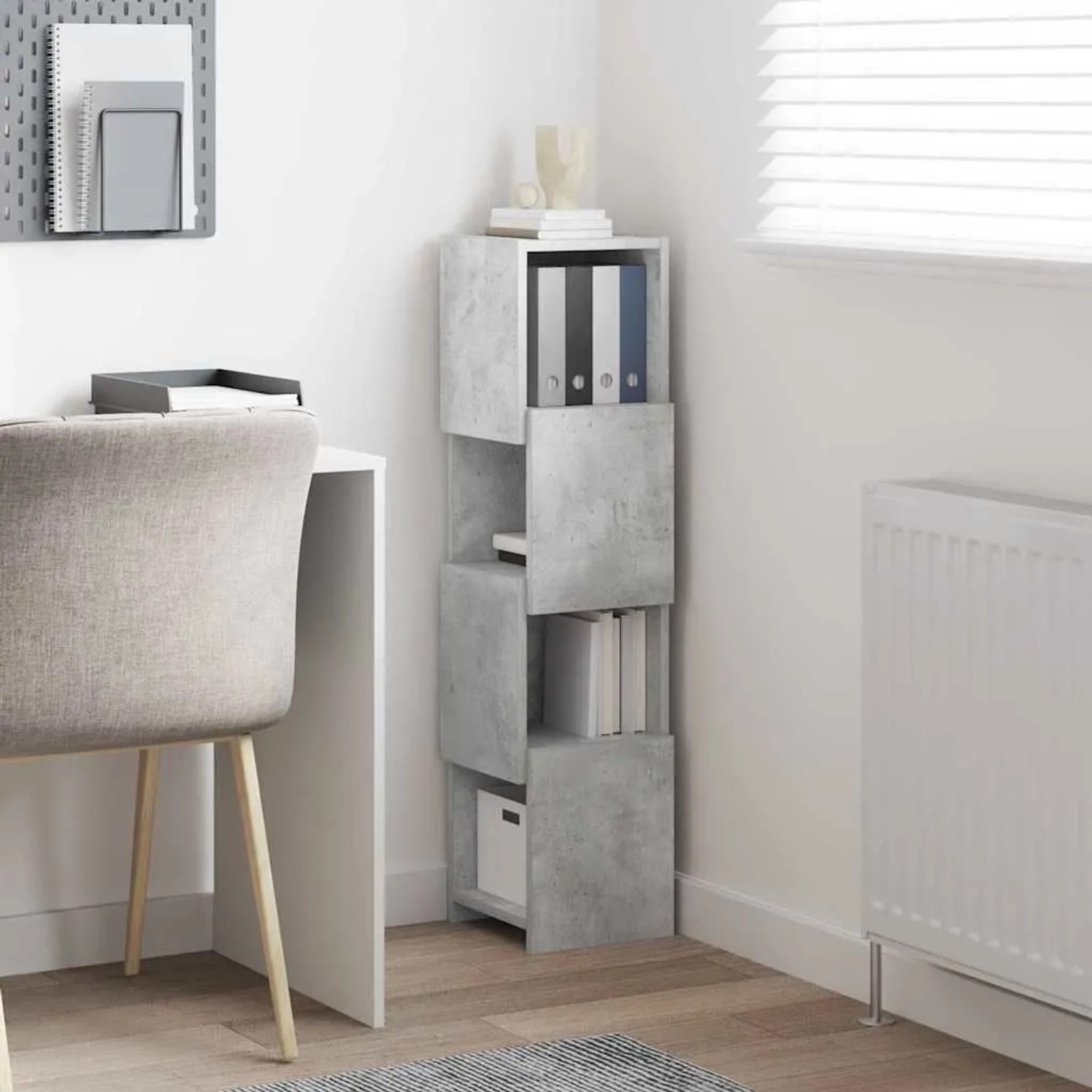 Moderner vidaXL Eckschrank in Beton Grau aus Holzwerkstoff mit vier offenen Fächern, ideal als platzsparender Wohnzimmerschrank.