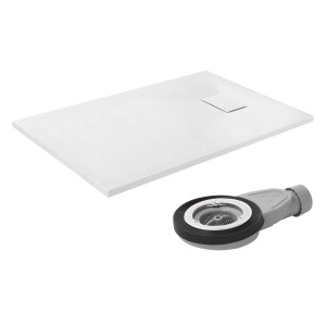 Weiße LuxeBath Duschwanne 120x80 cm mit Schiefer-Optik, integriertem Ablauf und separater Garnitur.