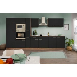 Respekta Küchenzeile KB360EYSMIGKE, 360 cm, Schwarz und Eiche York Dekor mit E-Geräten.