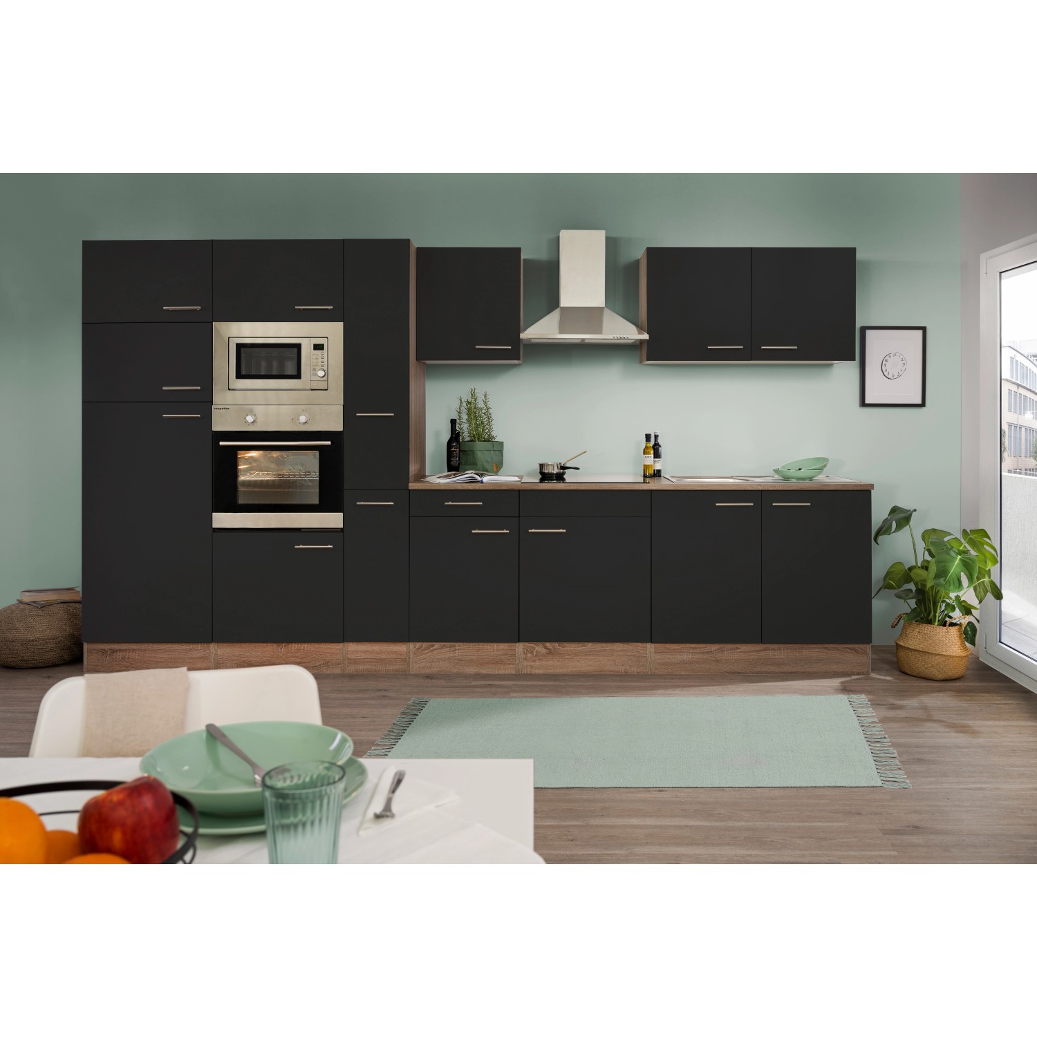 Respekta Küchenzeile/Küchenblock KB360EYSMIGKE 360 cm Schwarz-Eiche York Nachbildung