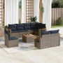 Graue 9-tlg. vidaXL Garten-Sofagarnitur aus Polyrattan mit marineblauen Kissen und Akazientisch.