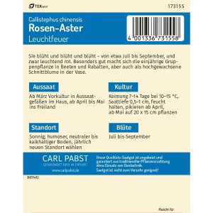 Pabst Keimkraft Rosen Aster Leuchtfeuer Saatgut Packung mit Infos zu Aussaat, Standort und Blütezeit.