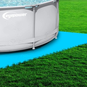 Blaue eyepower Poolunterlage aus 50x50 cm Matten schützt den Pool auf grünem Rasen. Ideal für Gartenpools und Bodenschutz.