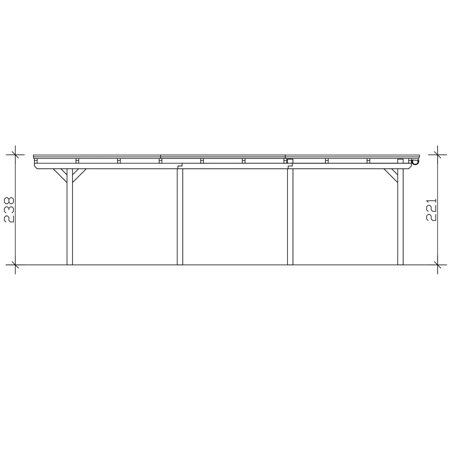 Seitenansicht Skan Holz Carport Emsland, Flachdach, EPDM-Dach, Eiche Hell. Technische Zeichnung mit Maßen 238/221 cm.