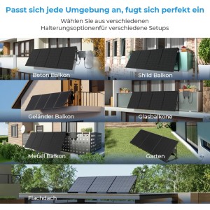 SUNSHARE Balkonkraftwerk 800W: Verschiedene Montageorte wie Balkon, Garten und Flachdach.