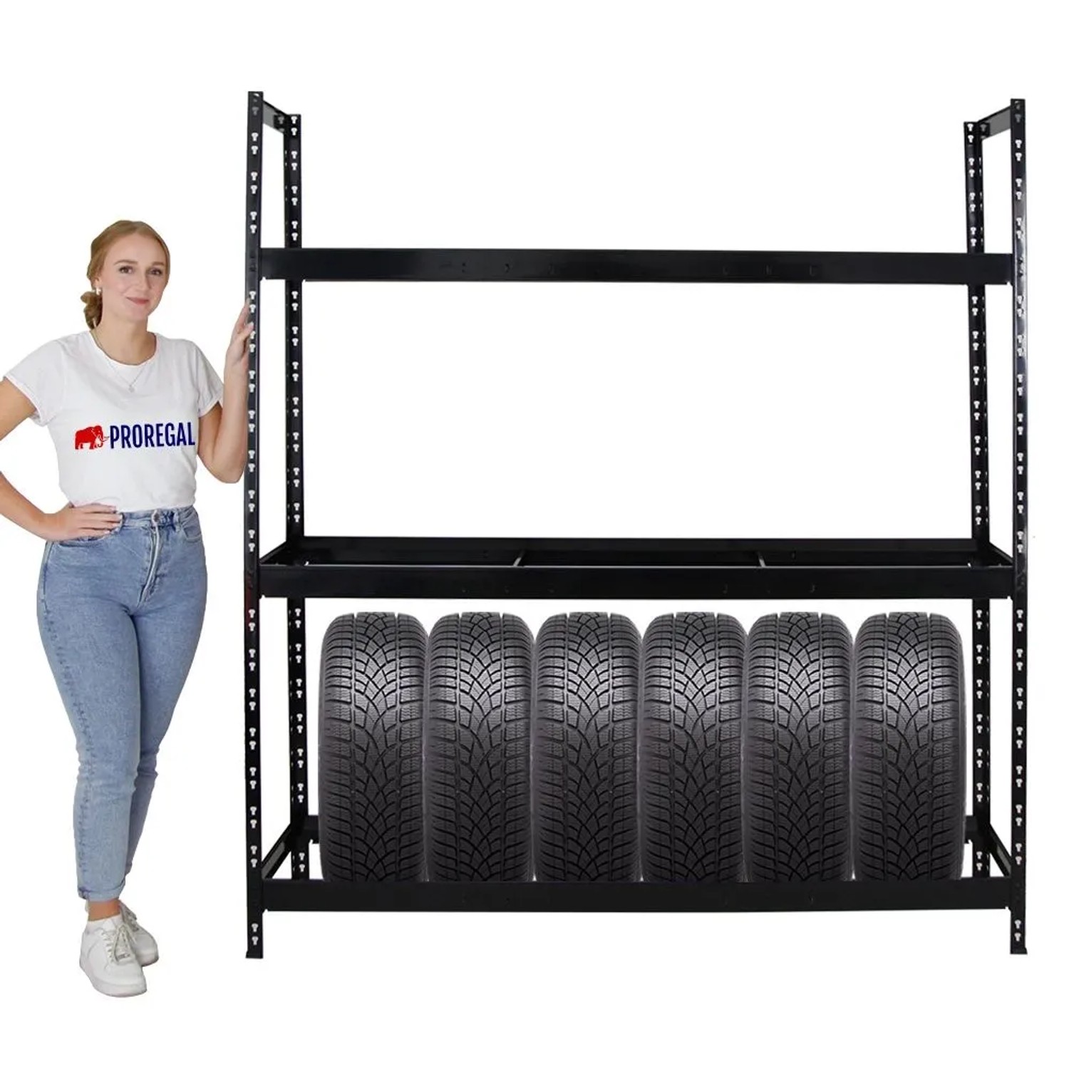 Schwarzes PROREGAL Reifenregal Tiger XL mit 3 Ebenen für bis zu 21 Reifen. Regal für Regale & Regalböden.