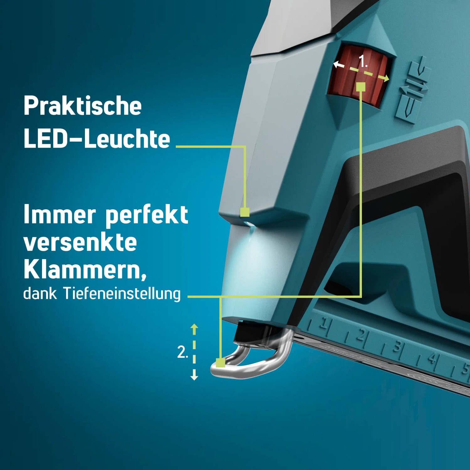 Detailaufnahme Novus Akkutacker J-551: LED-Leuchte, Tiefeneinstellung für Folien & Zierleisten.