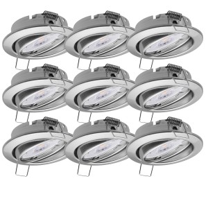 9er Set Einbauspots Dijon, schwenkbar, Edelstahl gebürstet, mit LED Modul und warmweißem Licht.