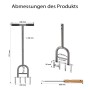 Maßzeichnung des Wiltec Hand Aerifizierers aus Stahl mit T-Griff, 4 Zinken und Maßen. Detailansicht des Rasenlüfters und Werkzeugs.