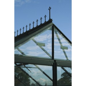 Vitavia Firstkrone Smaragd auf Gewächshaus, Detailaufnahme. Gewächshaus-Zubehör zur Taubenabwehr.