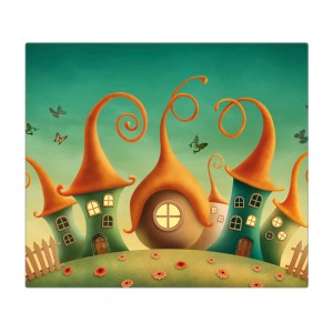 Banjado Herdabdeckplatte Glas mit Zwergenhausen Motiv, 60x52cm, auch als Schneidebrett nutzbar.