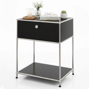 Schwarzes Floordirekt Metallregal Concept Epure MK-139 mit Schublade und Ablagefläche.