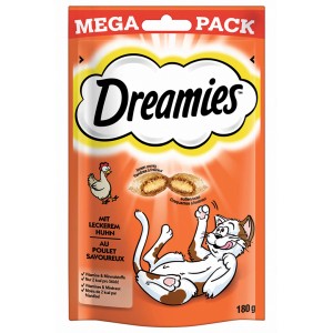 Dreamies Huhn 180g: Knusprige Katzenleckerlies mit cremiger Füllung und Hühnchengeschmack.