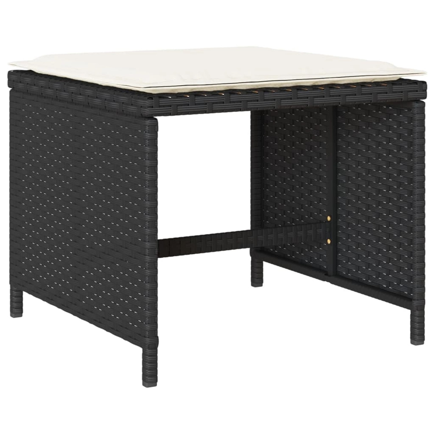Detailansicht Hocker der vidaXL Garten-Essgruppe, schwarzes Poly Rattan mit cremefarbenem Kissen.