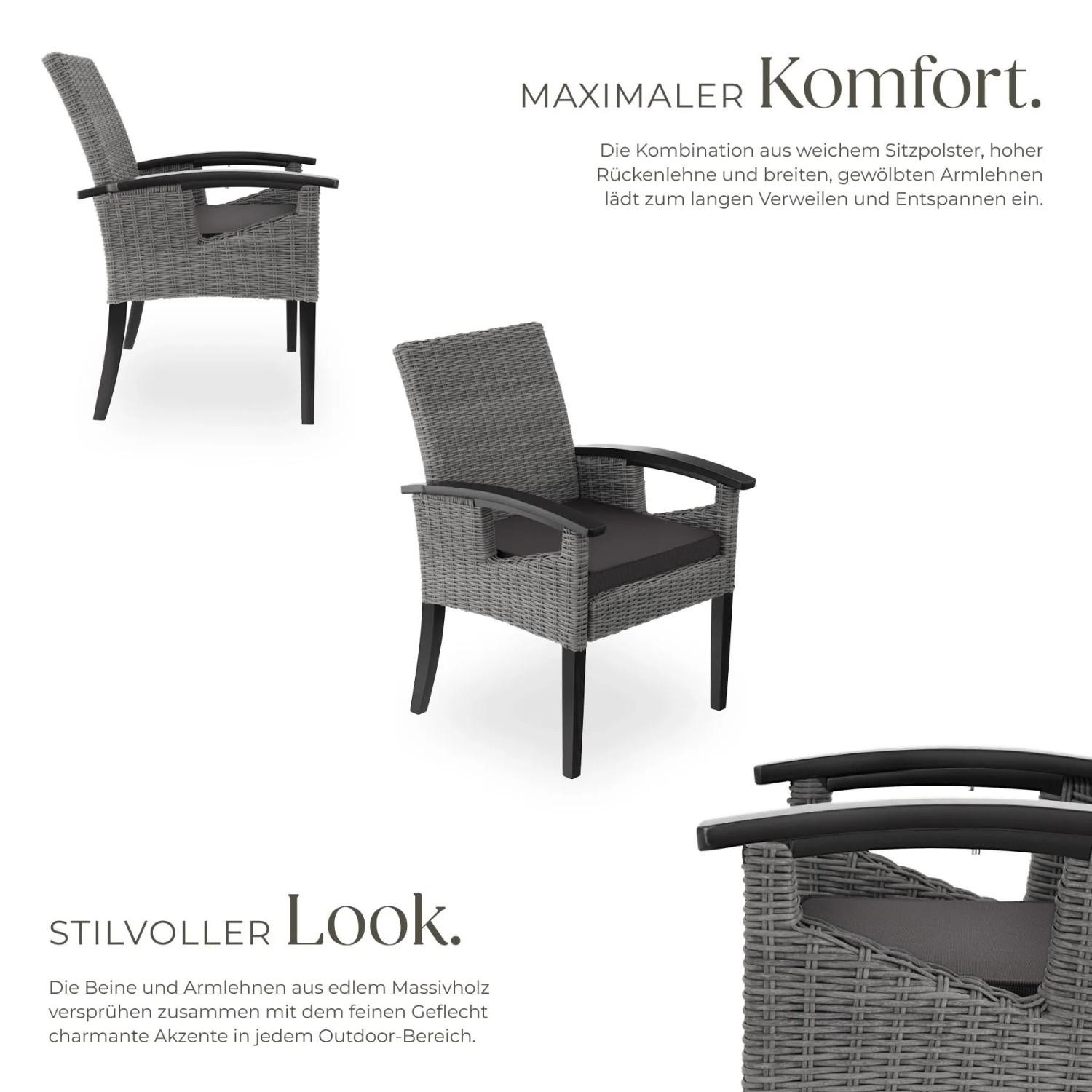 Grauer Tectake Rosarno Rattan Stuhl mit Holzgestell, Polyrattan-Geflecht und dunklem Sitzpolster. Bequemer Gartenstuhl.