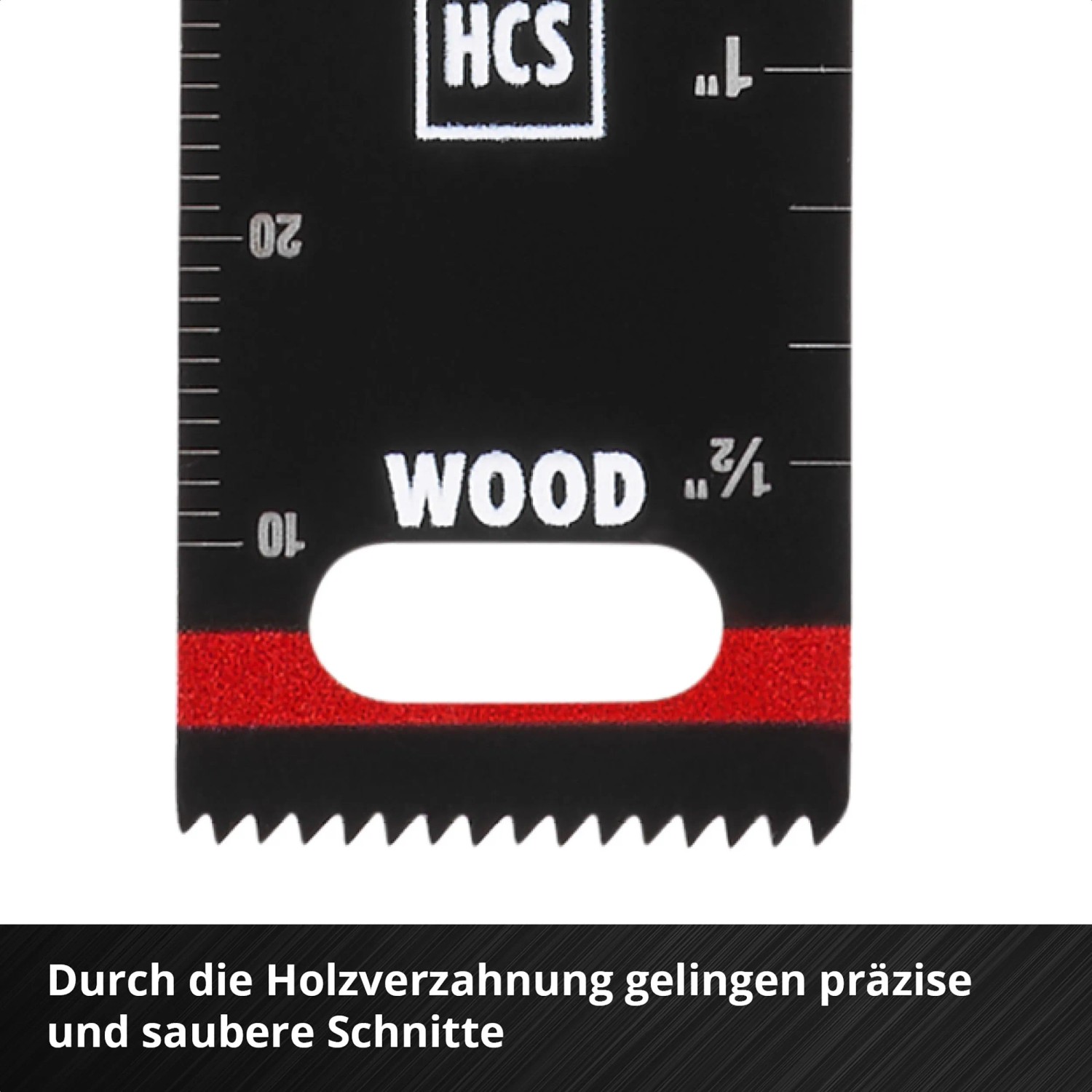 Einhell Tauchsägeblatt HCS, 22 mm, für Multifunktionswerkzeug, Detailaufnahme der Holzverzahnung und Tiefenskala.
