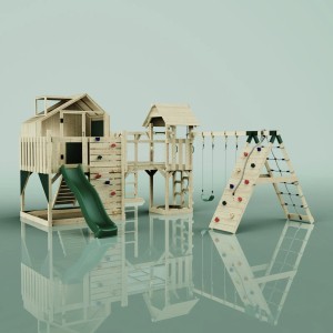OutdoorToys Spielturm Milo mit Schaukel, Rutsche und Kletterwand aus Holz, dunkelgrün.