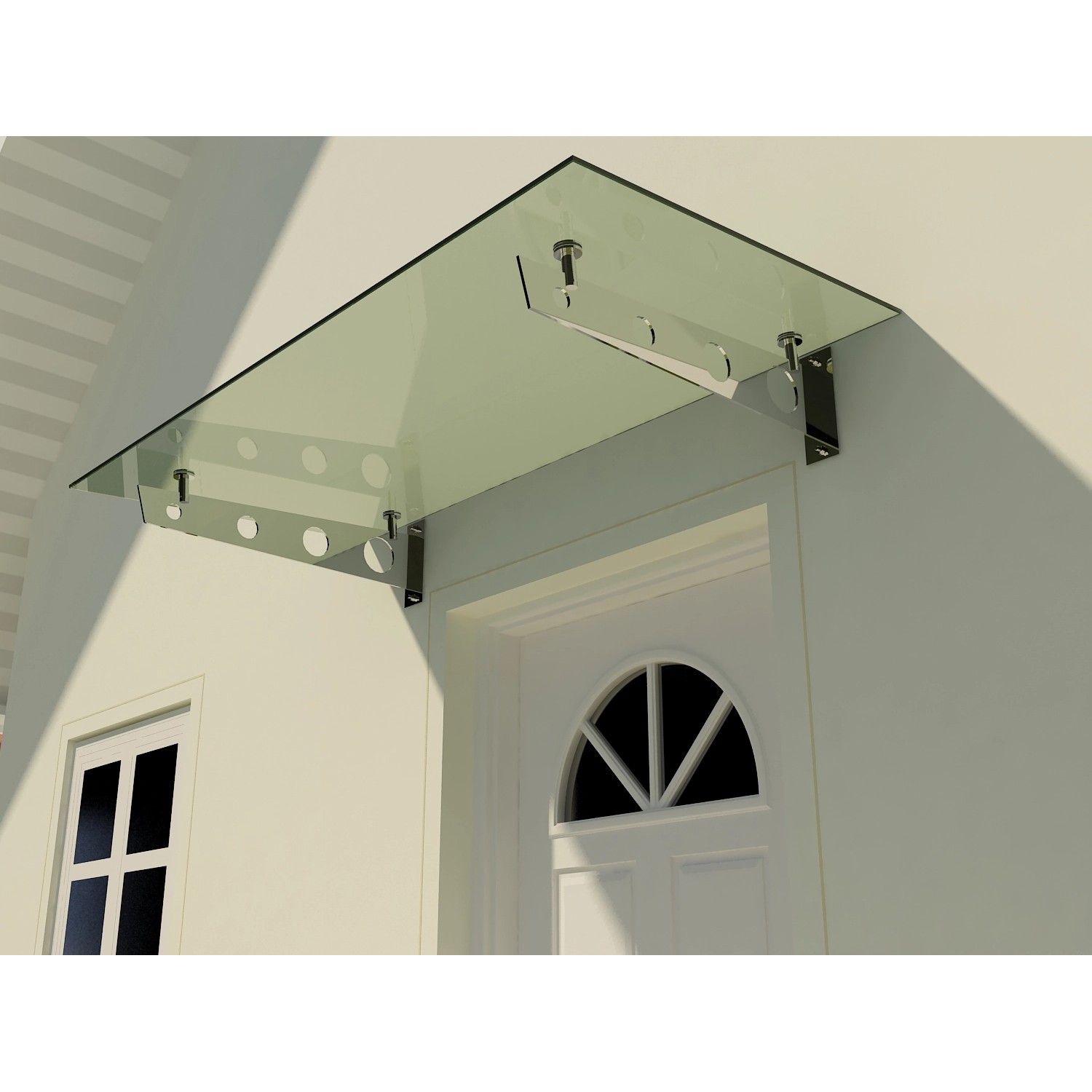 Modernes Glasvordach 200x90 cm mit Edelstahlhalterung über einer Haustür.