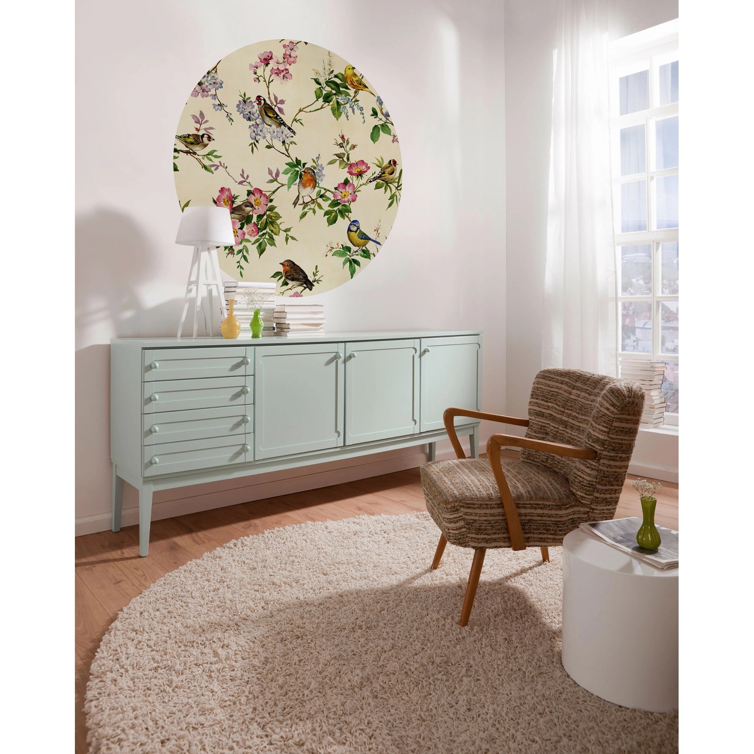 Komar Vliesfototapete Dot Bird Party, selbstklebend, Ø 125 cm, mit Vogel- und Blumenmuster.