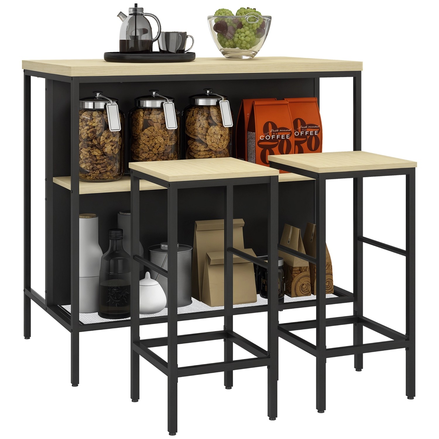 HOMCOM Bartisch mit Barhocker Set  3-tlg. im Modern-Stil Stahl Eiche günstig online kaufen