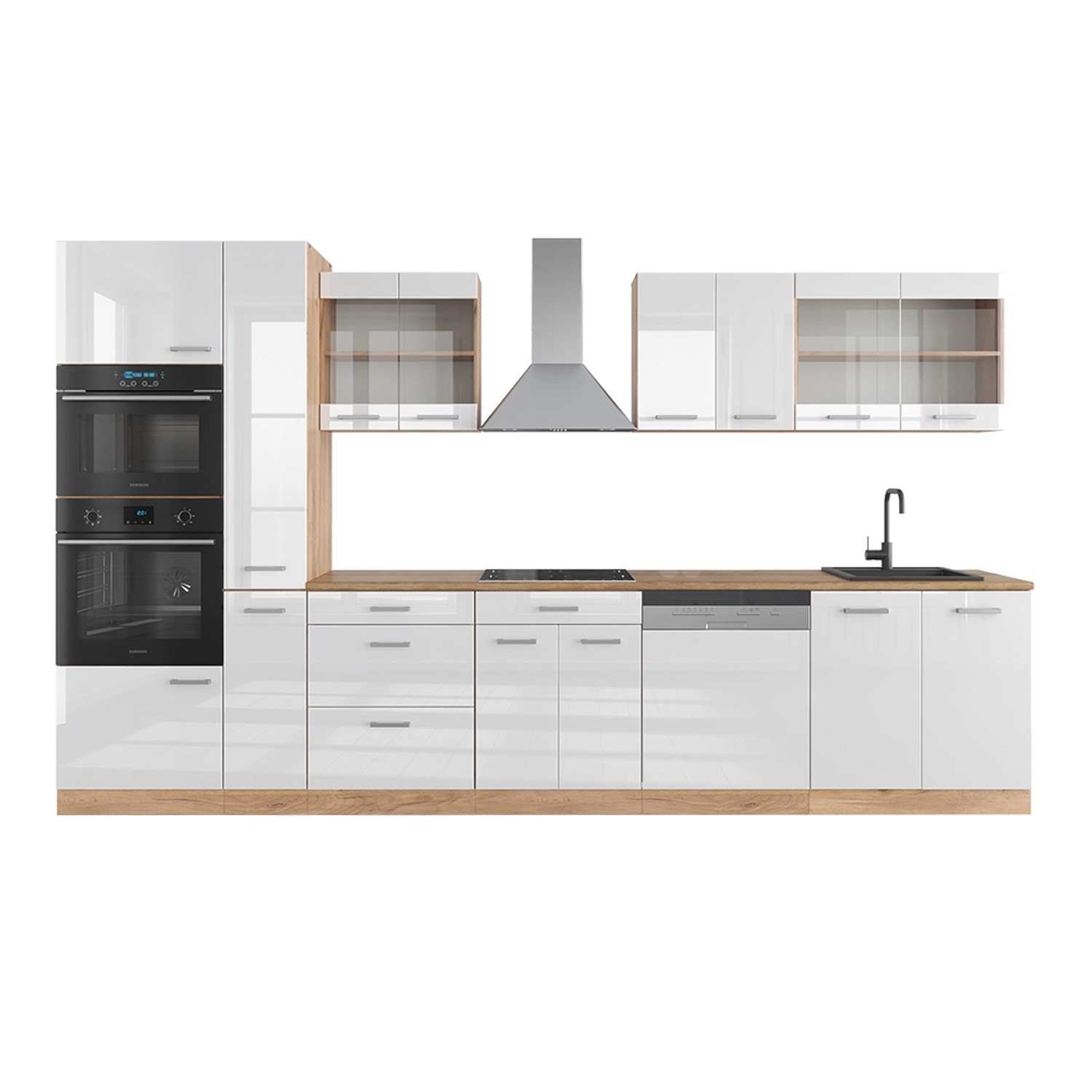Vicco R-Line Küchenzeile Weiß Hochglanz/Goldkraft Eiche 350 cm mit Hochschr günstig online kaufen