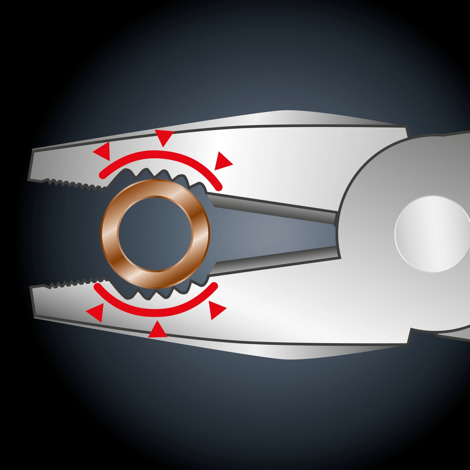 Illustration: LUX PRO Kraft-Kombizange schneidet einen Ring, Detailaufnahme der Zange.