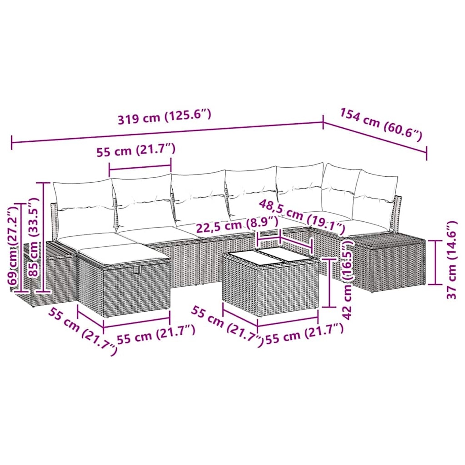 Beiges 8-tlg. vidaXL Garten-Sofa-Set aus Poly Rattan mit Kissen und Tisch, Maße eingezeichnet.
